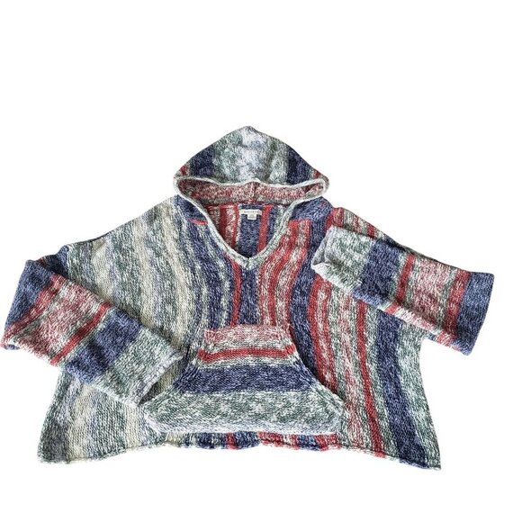 Colorful Cotton Knit Baja Beach Festival Oversized Boxy Crop Hoodie Sweater MED - Picture 5 of 13
